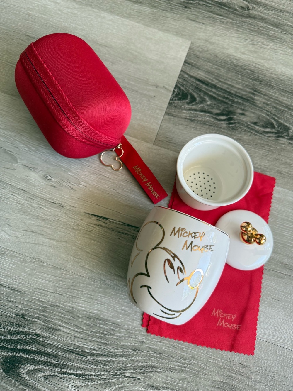 Limited Ed. Disney White Ceramic Mickey Tea Mug, Red Travel Case, Wipe Cloth